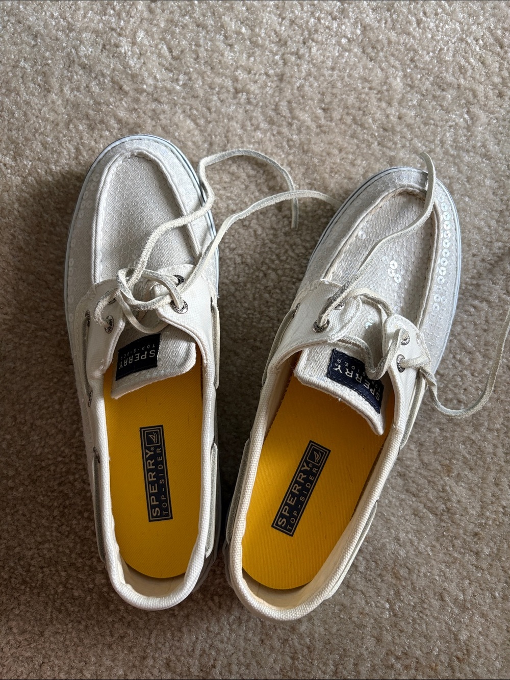 Sperry Cream Sequin Lace-Up Boat Shoes with Yellow Insole